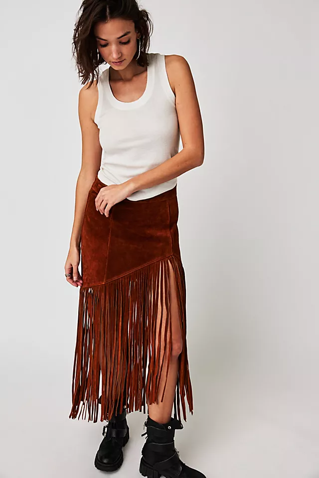 Understated Leather Western Fringe Skirt Tan