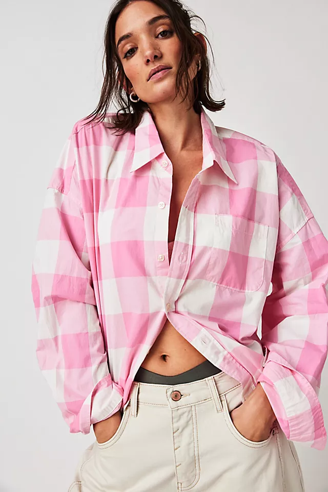 Denimist Cropped Buttondown Shirt Pink Gingham