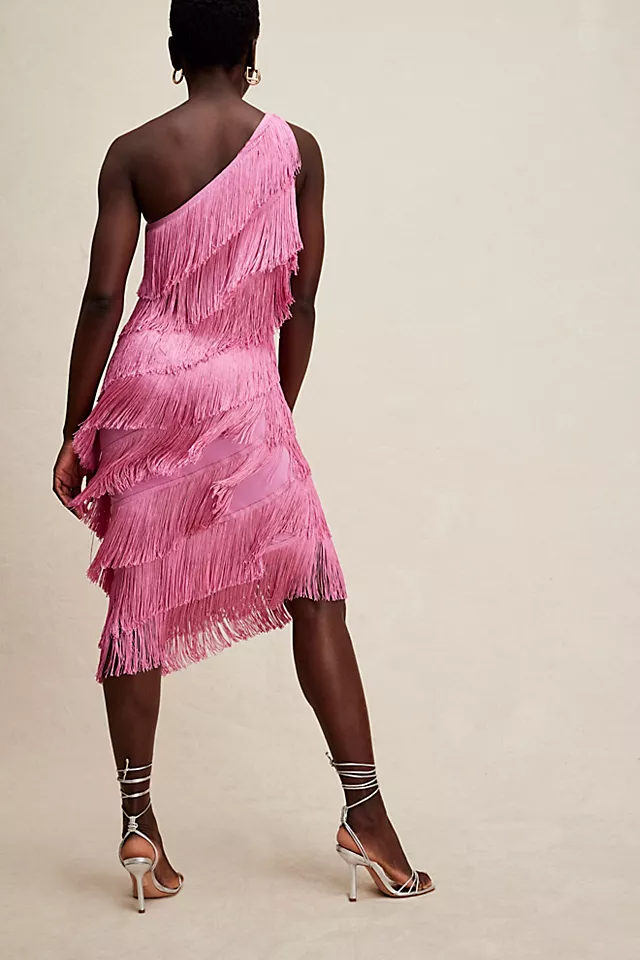 Norma Kamali One Shoulder Fringe Dress Candy Pink