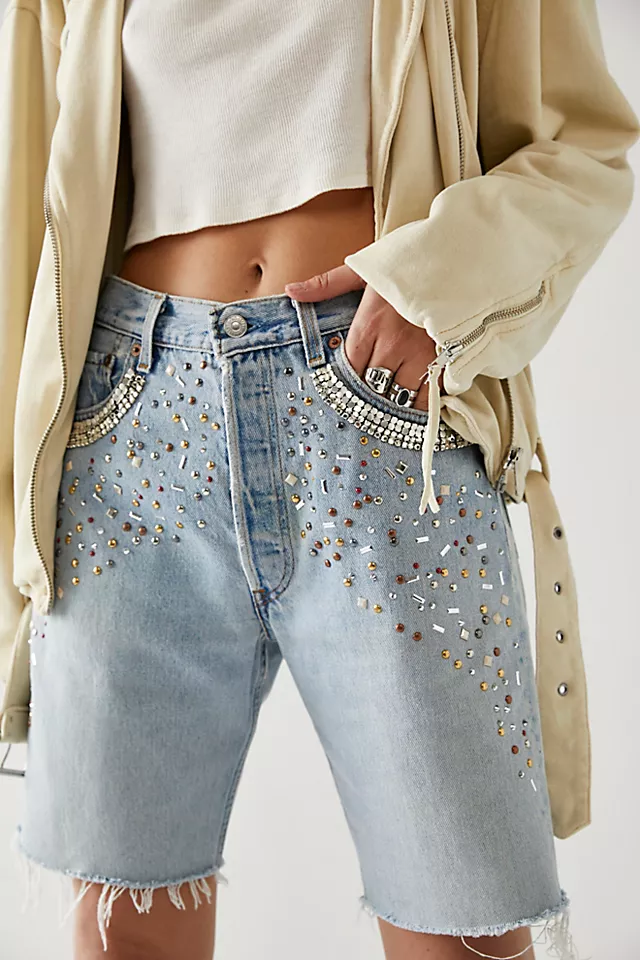 Tricia Fix Embellished Knee-Length Shorts Indigo