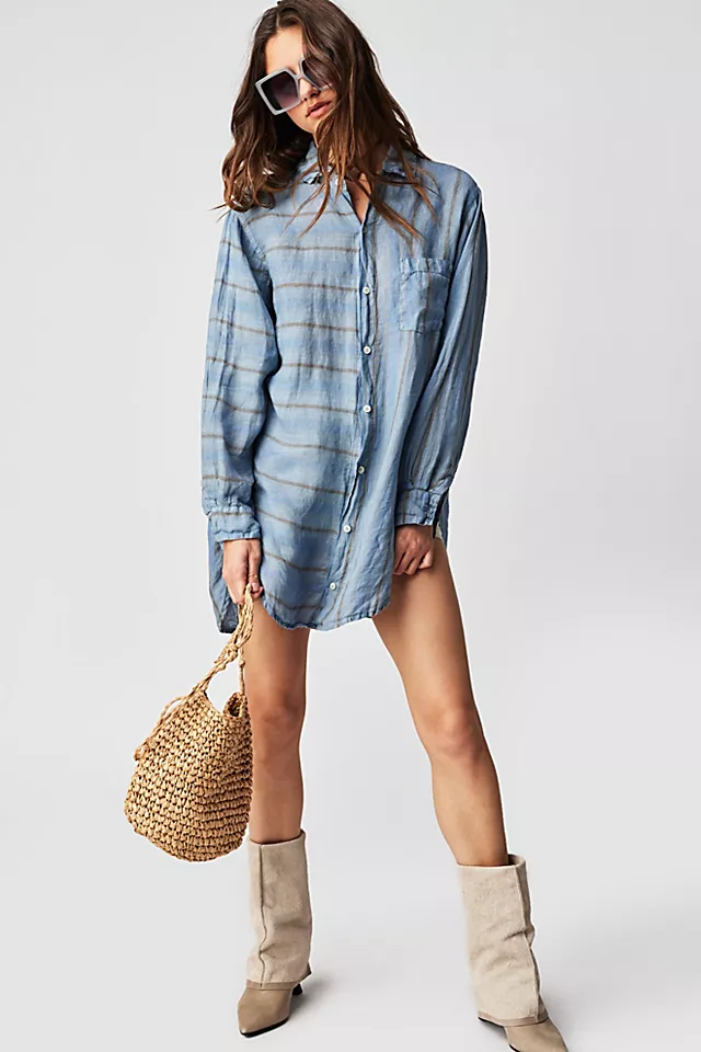 CP Shades Mixed Plaid Linen Double Cloth Top Faded Denim