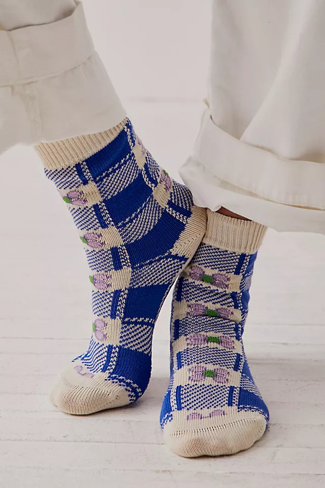 Oilcloth Crew Socks Blue