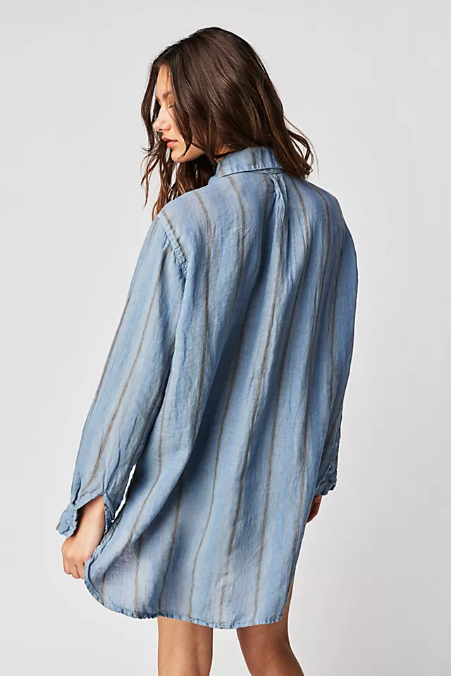 CP Shades Mixed Plaid Linen Double Cloth Top Faded Denim