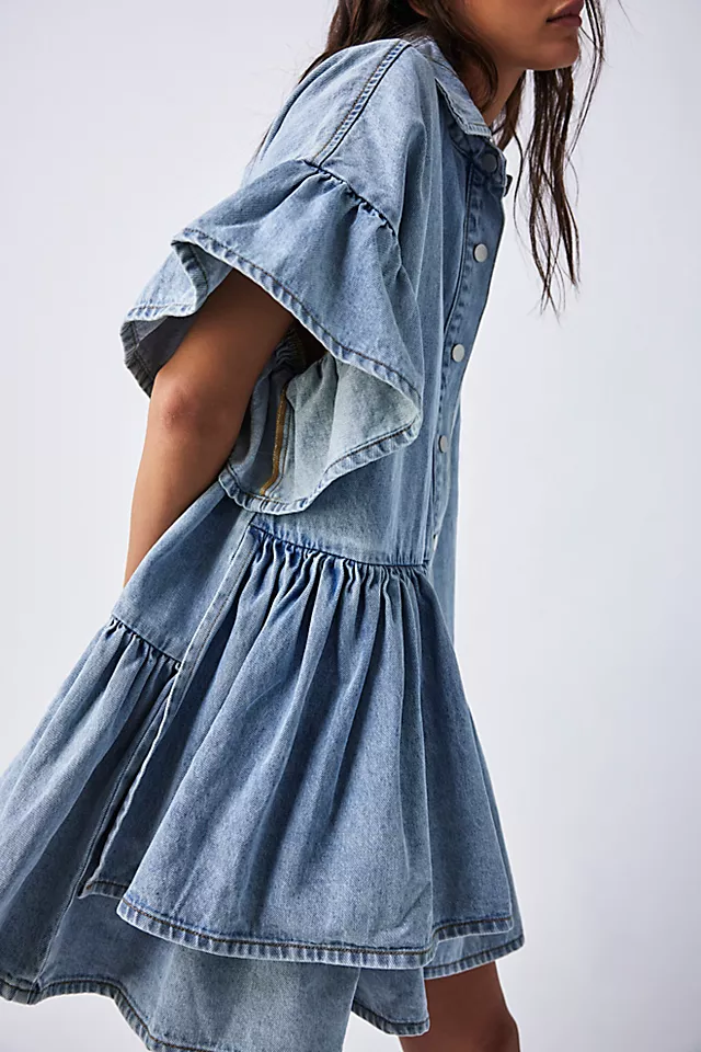 Genoa Denim Ruffle Dress Ice Blue