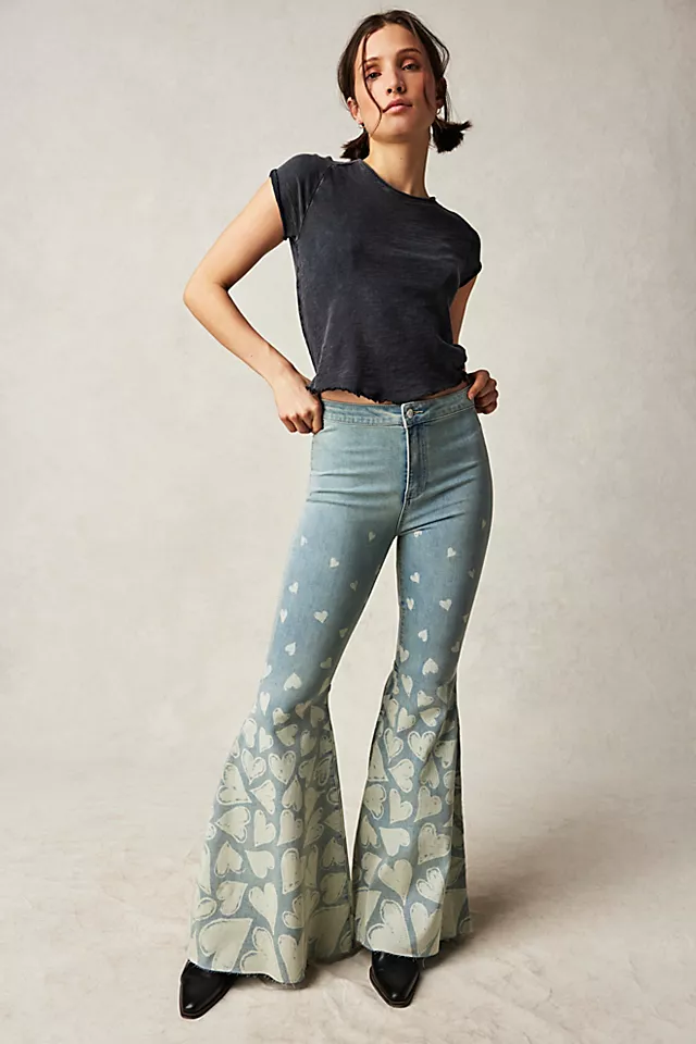 Just Float On Flare Printed Jeans Sky Combo - Queen Of Hearts