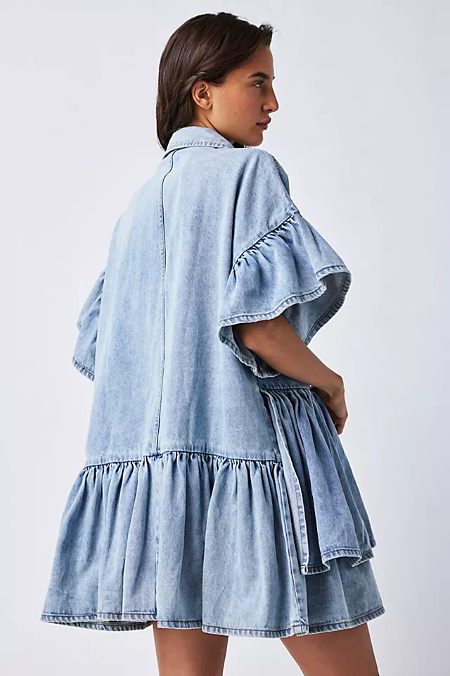 Genoa Denim Ruffle Dress Ice Blue