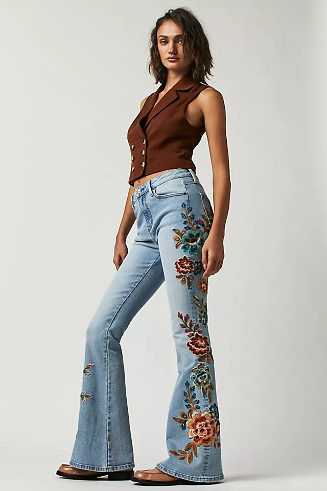 Driftwood Farrah Embroidered Flare Jeans Blue Maui