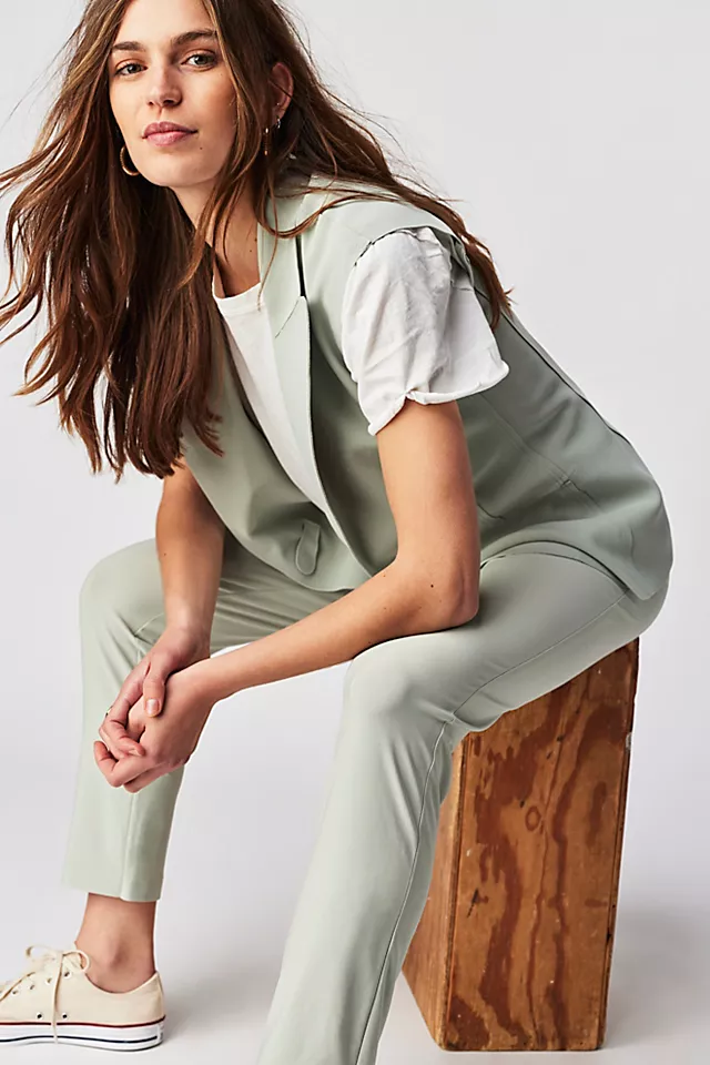 Norma Kamali Pencil Pant Vest Suit Set Dried Sage