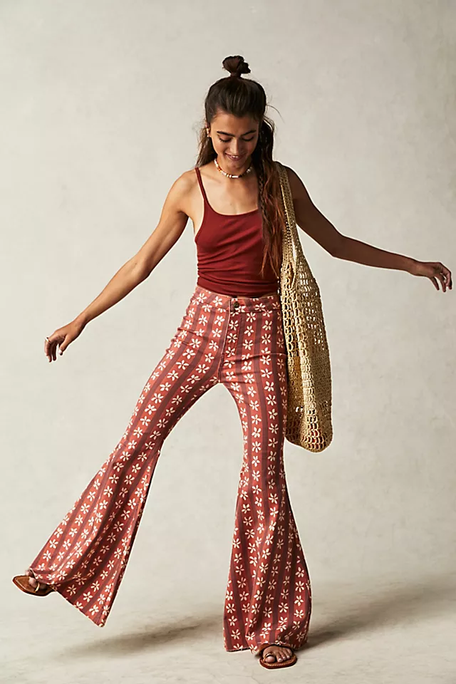 Just Float On Printed Flare Jeans Cherry Combo - Daisy Wall