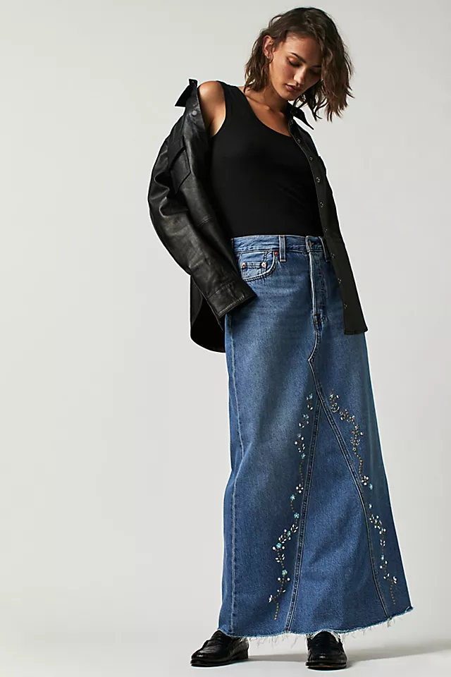 Anna Sui Embroidered Denim Skirt Denim