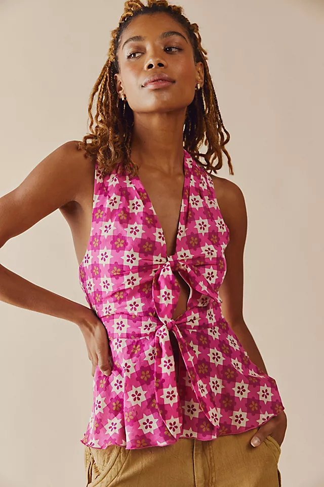 Anna Sui Utopian Gingham Halter Top Pink Combo