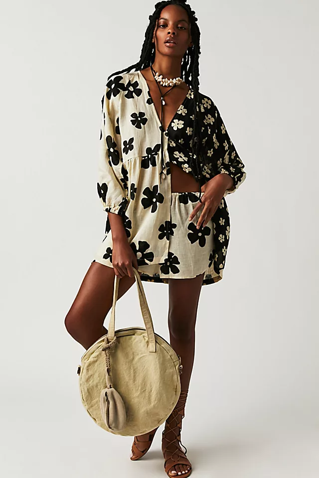 Zulu & Zephyr Linen Top + Short Set Black + Bone Flower