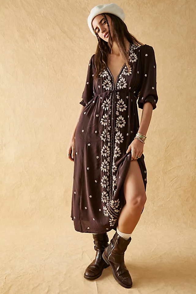 Embroidered Fable Midi Dress Chocolate Merlot Combo