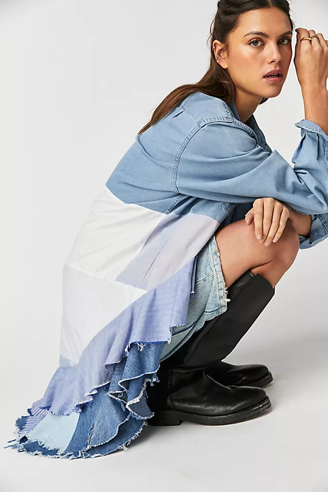 Tricia Fix Pieced Ruffle Front Maxi Top Blue