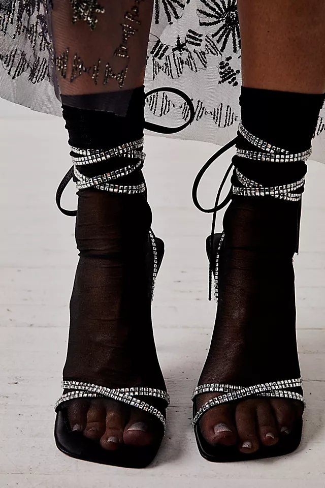 Night Shimmers Wrap Heels Black Satin Silver