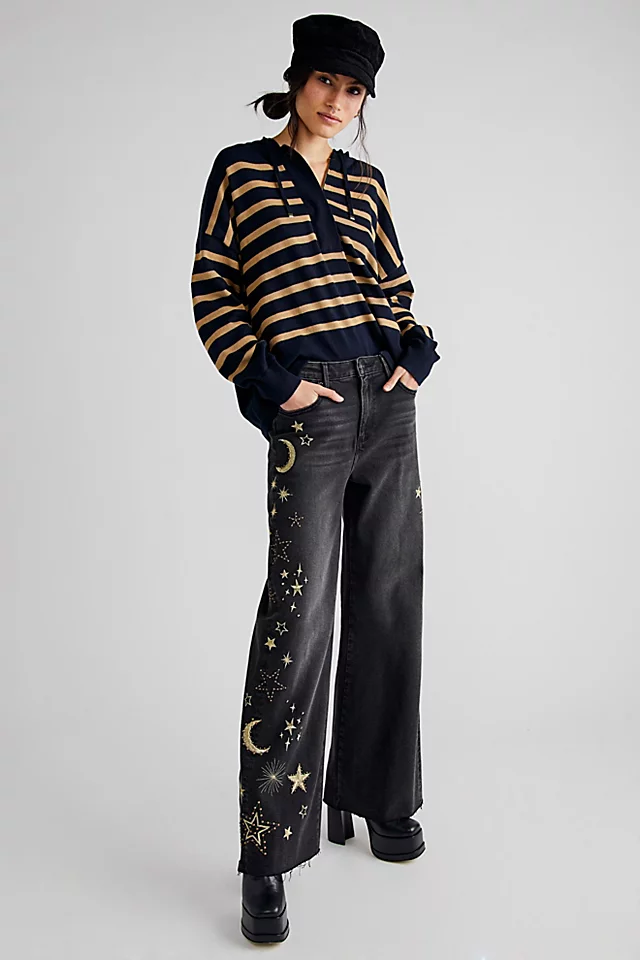 Driftwood Charlee Embroidered Wide-Leg Jeans Celestial Studded