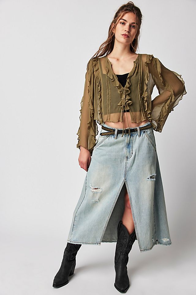 OneTeaspoon Mrs. Carter Long Denim Skirt Kansas Blue