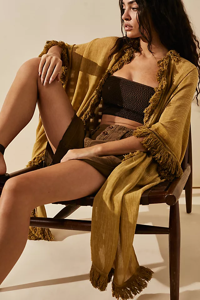 Sun Bleached Fringe Kimono Camel