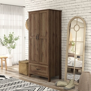 DH BASIC Rustic Distressed Walnut Double-doors Wardrobe Closet with 1-Drawer by Denhour