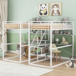 Double Twin over Twin Metal Bunk Bed with Desk, Shelves and Storage Staircase