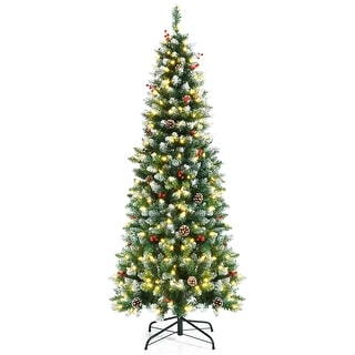Gymax 5/6/7 FT Pre-lit Hinged Christmas Tree Artificial Pencil Xmas
