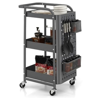 Multifunction 3-Tier Utility Storage with Cart 2 baskets and 4 hooks, Metal Rolling Trolley with 2 DIY Pegboard Baskets