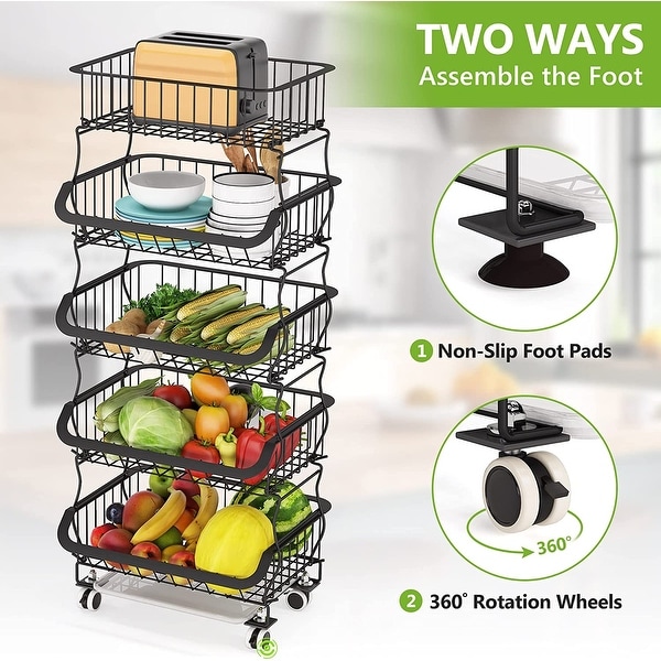 Stackable Metal Wire Fruit Basket Cart, Rolling, Freestanding