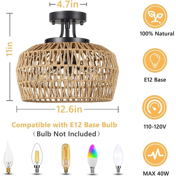 Rattan Semi Flush Mount Ceiling Fan Lights