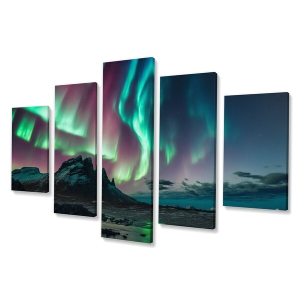 Designart "Northern Lights Reflected On The Water V" Landscape Mountains Multipanel Canvas Art Print