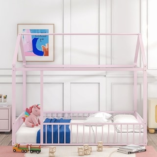 77.5" Metal Bed House Bed Frame with Fence, for Kids, Teens,Full Size Floor Bed