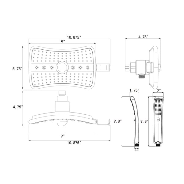 AKDY 9" Rectangular Shower Head with 4 Multi-Function Modes and Wand Combo in Titanium Silver