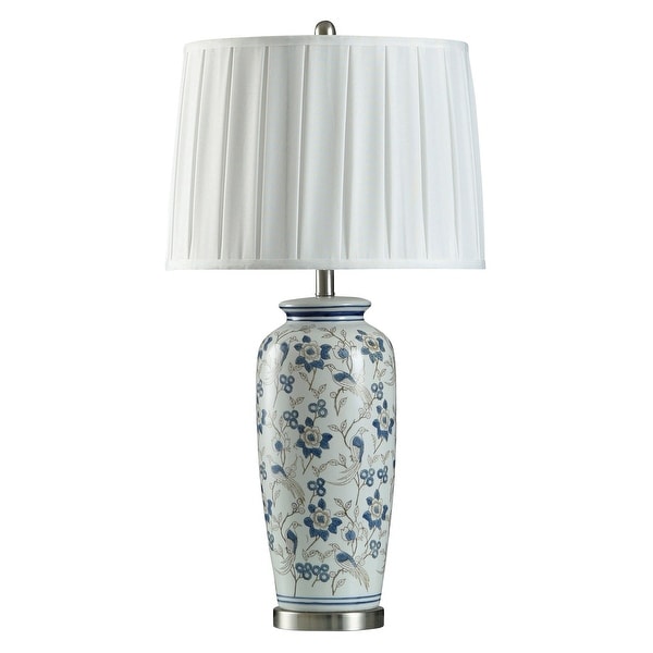 Handsome Blue Table Lamp - Hibiscus Blue/White Flower And Bird Pattern