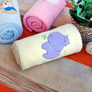 Purple Hippo - Yellow Embroidered Applique Coral Fleece Baby Throw Blanket (29.5 by 39.4 inches)