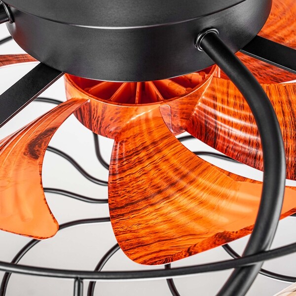 20" Black Industrial Caged Farmhouse Driftwood 7-blade Ceiling Fan Light with Remote - 19.6"W x 8.6"H