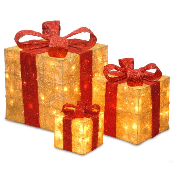 6-inch, 10-inch and 14-inch Assorted Gold Sisal Gift Boxes with 20, 20 and 35 Clear Lights