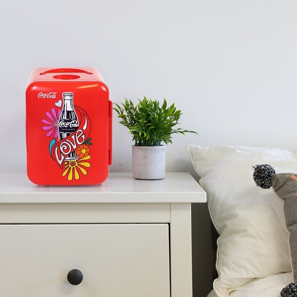 Coca-Cola Love 1971 Series 4L Cooler/Warmer w/ 12V DC and 110V AC Cords, 6 Can Portable Mini Fridge