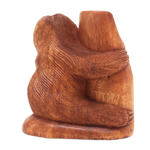Novica Handmade Slow Loris Hug Wood Sculpture