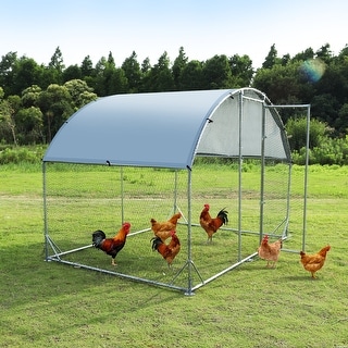 Outdoor Metal Curved Roof Walk-in Chicken Coop Poultry Cage - Silver