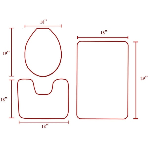 Bath Set 3 Piece Anti-Slip Burgundy Patchwork Bathroom Mat, Large Contour Mat & Toilet Seat Lid Cover