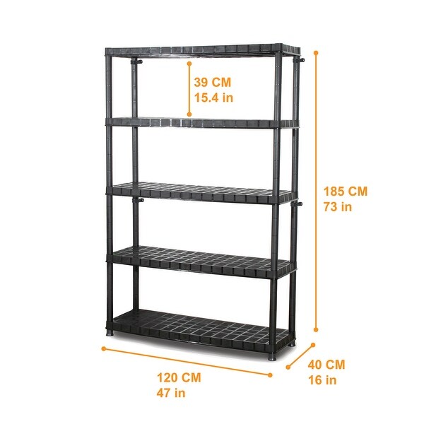 Ram Quality Products Extra 5 Tier Plastic Storage Shelf Unit for Garage, Black - 47 x 16 x 73 in