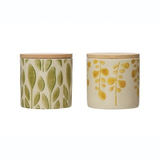 Hand-Stamped Stoneware Jar with Bamboo Lid and Floral Print, Set of 2 Colors