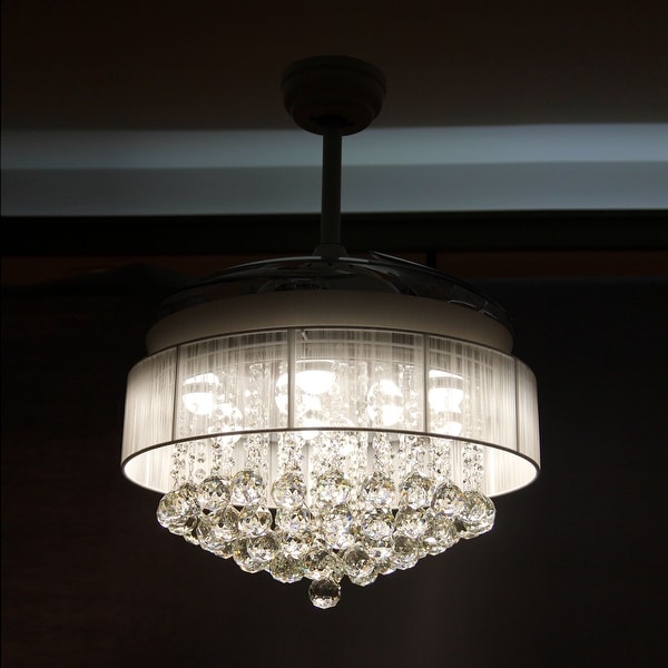 Modern White 46-Inch LED Crystal Chandelier Ceiling Fan with Remote Control, Retractable Blades, 4000K Cool Light