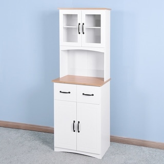 Wooden Kitchen Cabinet White Pantry Storage Microwave Cabinet with Framed Glass Doors and Drawer