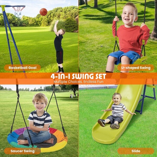 Gymax 4-in-1 Swing Set for Backyard Heavy-Duty Metal Playset for 3-12