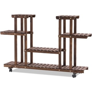 Mcombo Wood Plant Stand with Wheels, Plant Display Shelf Flower Rack Holder for Indoor Outdoor Garden Balcony