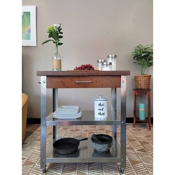 Bamboo & Stainless Steel Rolling Kitchen Cart with Drawer & 2 Shelves