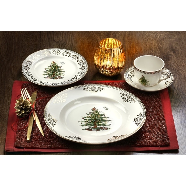 Spode Christmas Tree Gold Collection 4 Piece Place Setting - Dinner Plate 10 in, Salad Plate 8 in, Teacup 7 oz