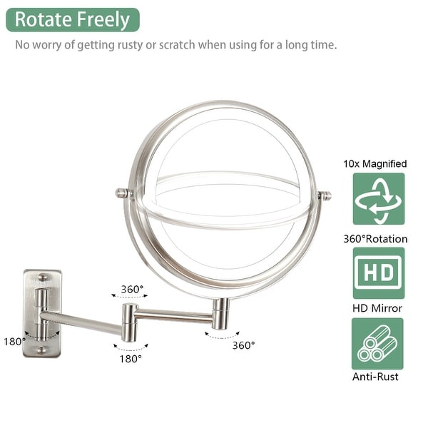 3 Color Lighted Magnifying Mirror, 10X Wall Mounted Makeup Mirror 8"