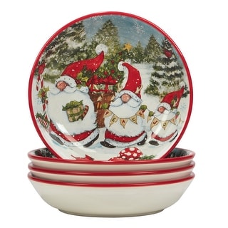 Certified International Christmas Gnomes 9" Soup/Pasta Bowls, Set of 4 Assorted Designs - 9-inch
