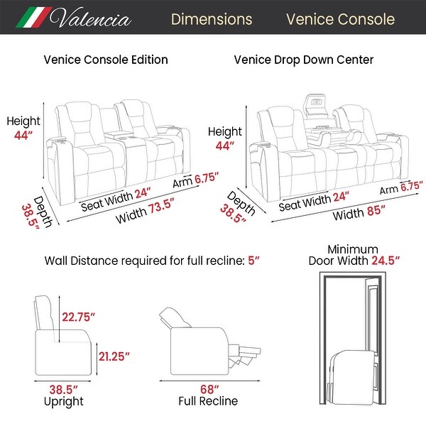 Valencia Venice Drop-Down Console Edition Top Grain Nappa 9000 Leather Home Theater Seating Power Recliner Row of 3 Black